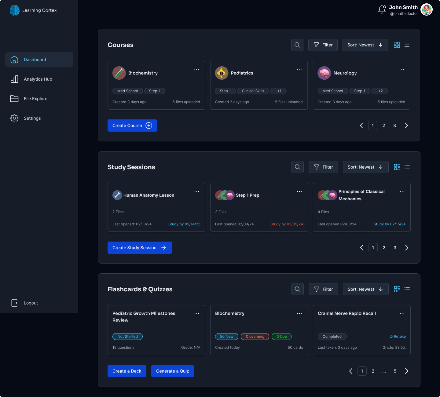 Learning Cortex Home Dashboard Wireframe